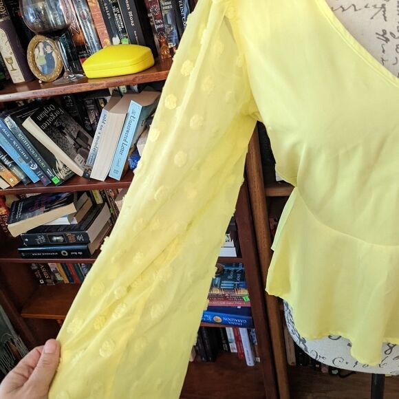 peach yellow v neck sheer puff long sleeve blouse sz s euc - Picture 5 of 5